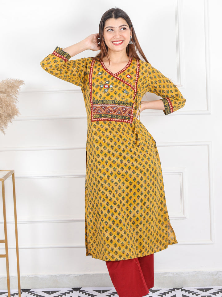 Ghoomer Bright Yellow Angrakha Style Neck Work Print Cotton Kurti-D8