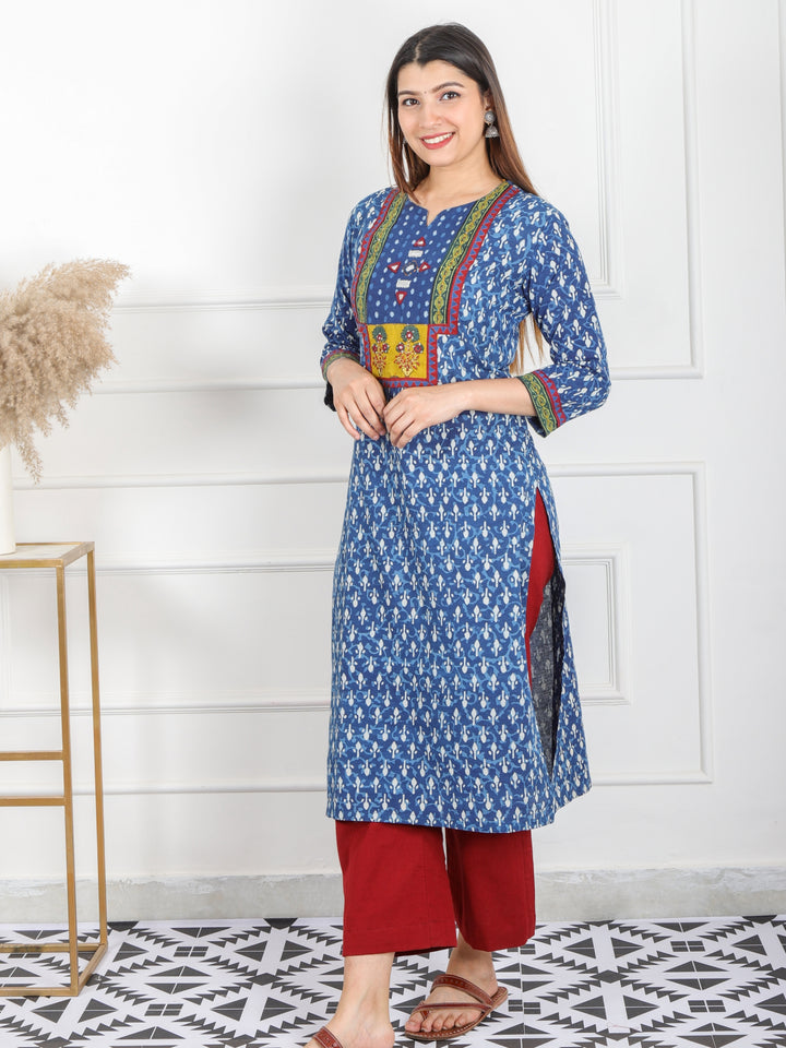 Chaahat Indigo Blue Kutch Mirror Neck Work Ajrak Print Cotton Kurti-D4