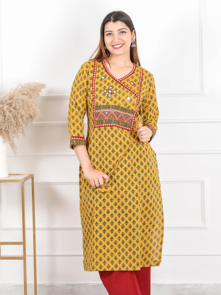 Ghoomer Bright Yellow Angrakha Style Neck Work Print Cotton Kurti-D8