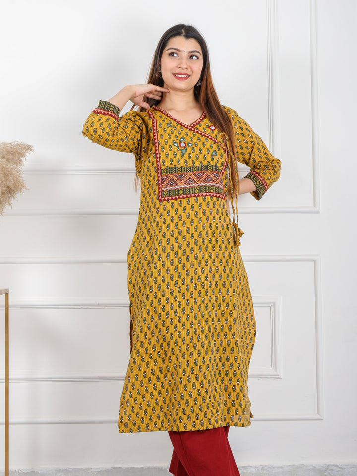 Ghoomer Bright Yellow Angrakha Style Neck Work Print Cotton Kurti-D6
