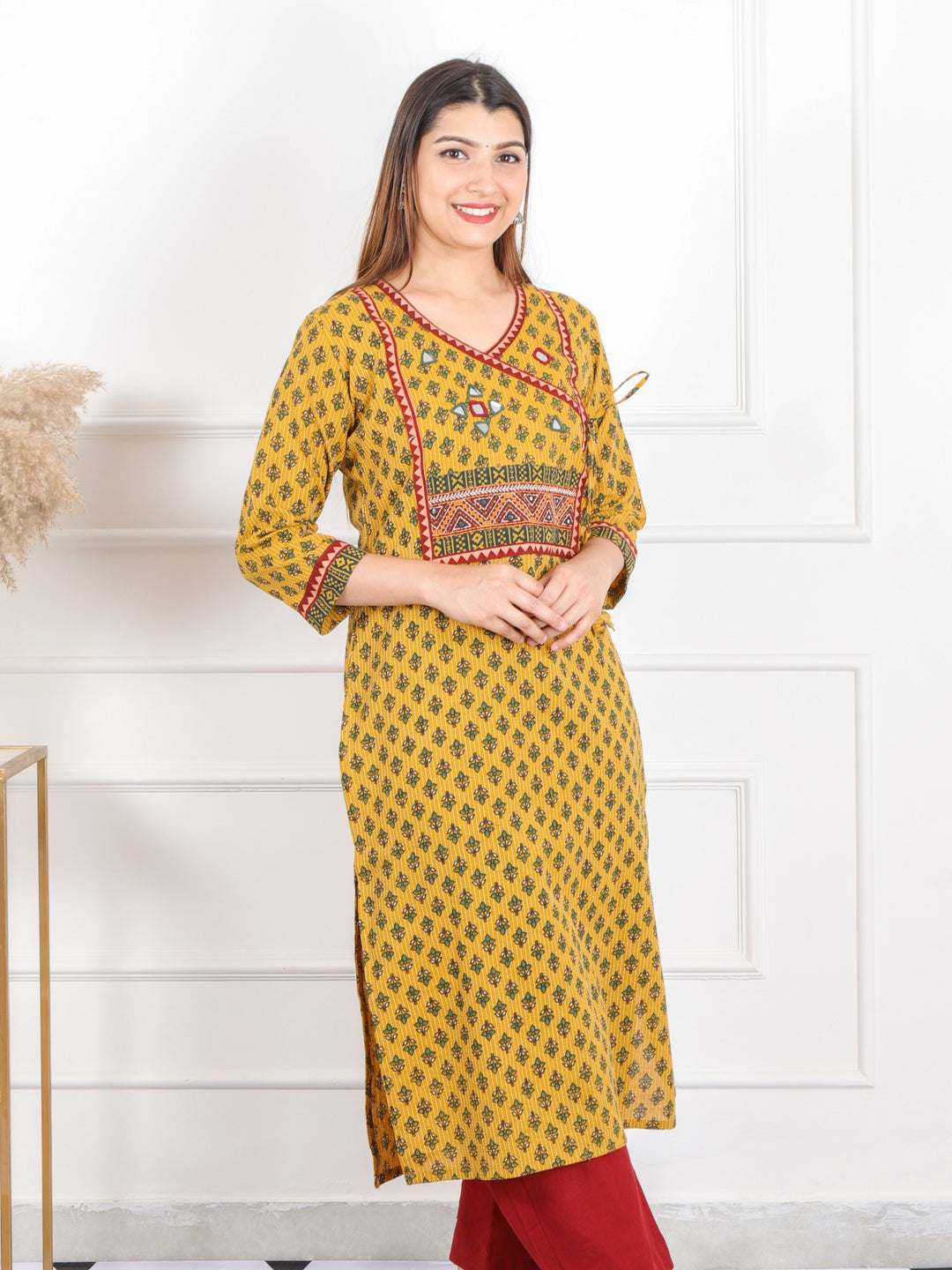 Ghoomer Bright Yellow Angrakha Style Neck Work Print Cotton Kurti-D8