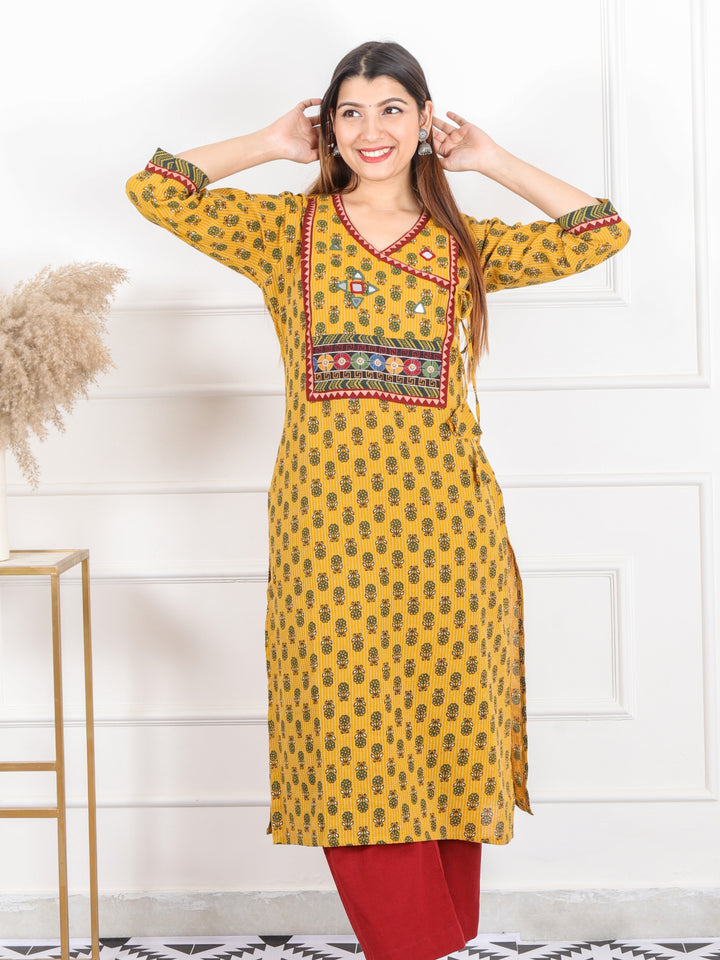 Ghoomer Bright Yellow Angrakha Style Neck Work Print Cotton Kurti-D7
