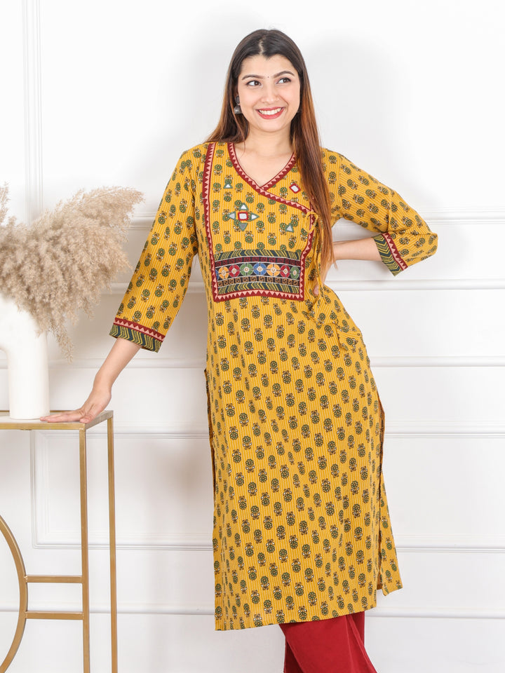 Ghoomer Bright Yellow Angrakha Style Neck Work Print Cotton Kurti-D7