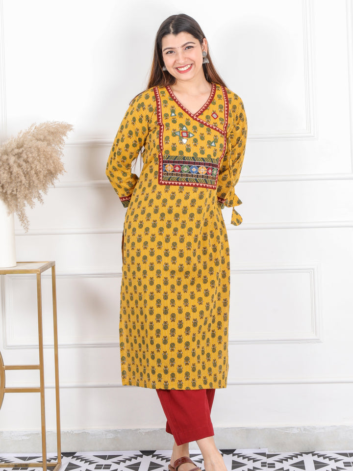 Ghoomer Bright Yellow Angrakha Style Neck Work Print Cotton Kurti-D7