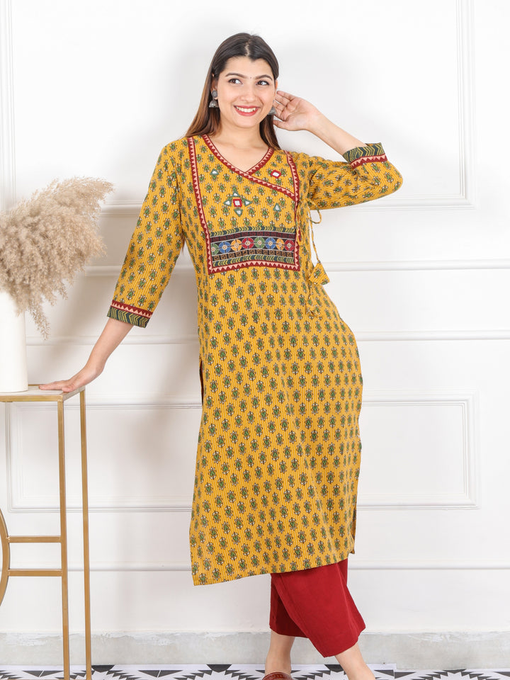 Ghoomer Bright Yellow Angrakha Style Neck Work Print Cotton Kurti-D5