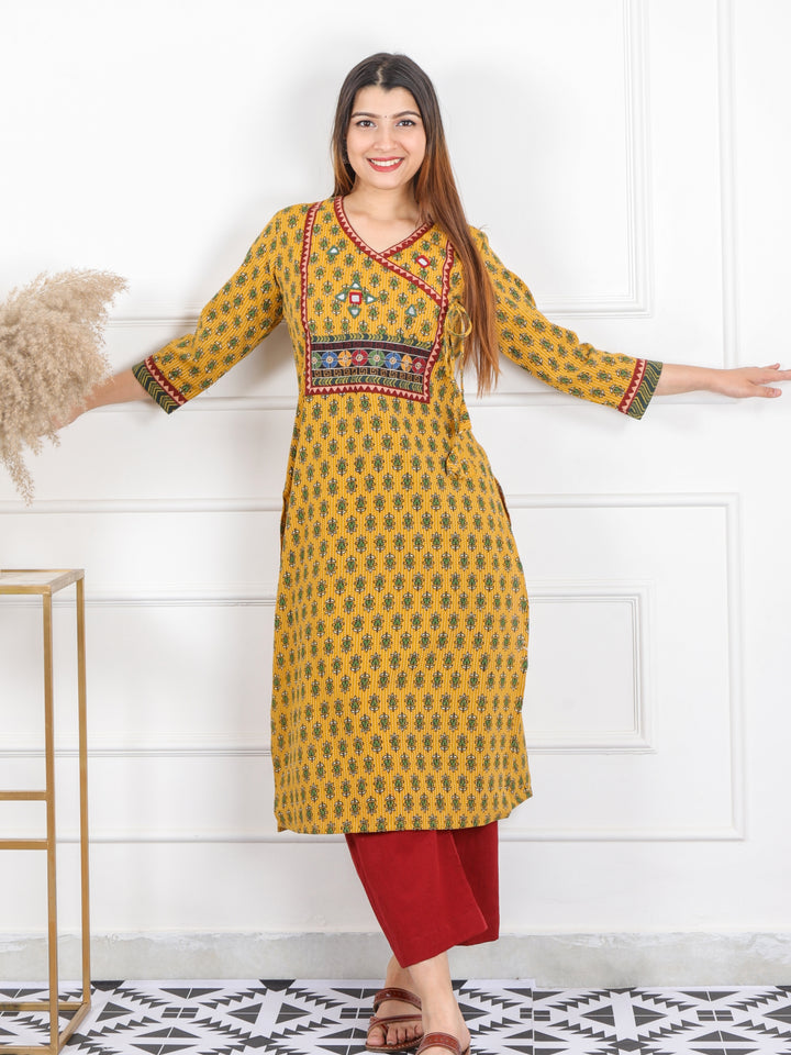 Ghoomer Bright Yellow Angrakha Style Neck Work Print Cotton Kurti-D5