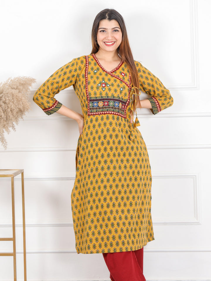 Ghoomer Bright Yellow Angrakha Style Neck Work Print Cotton Kurti-D5