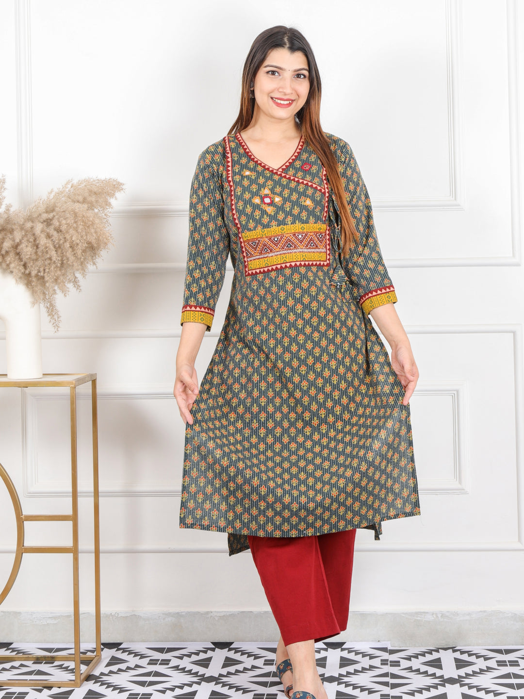 Ghoomer Grass Green Angrakha Style Neck Work Print Cotton Kurti-D8