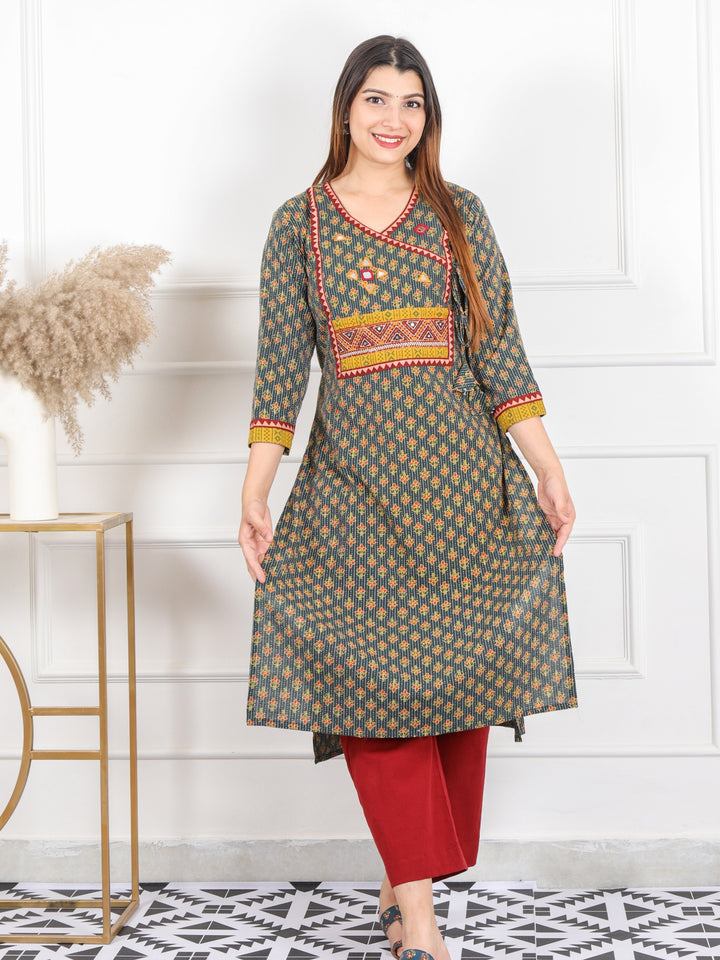 Ghoomer Grass Green Angrakha Style Neck Work Print Cotton Kurti-D8