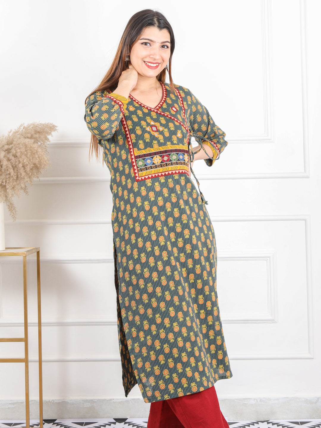 Ghoomer Grass Green Angrakha Style Neck Work Print Cotton Kurti-D7