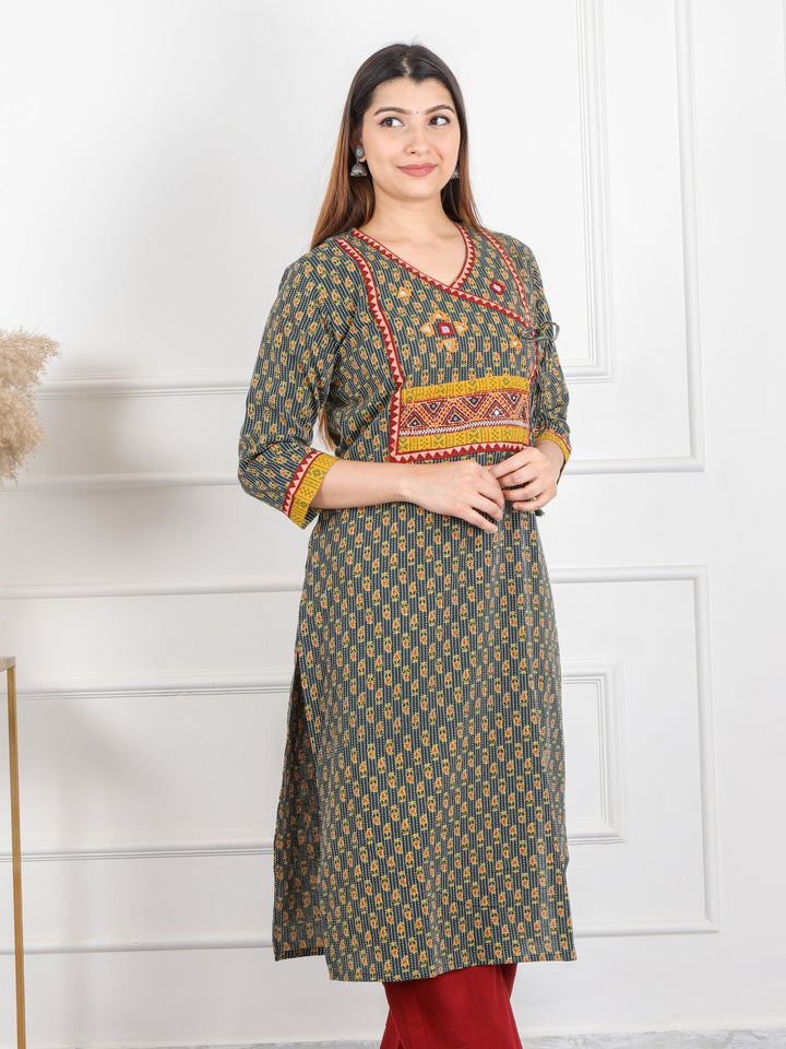 Ghoomer Grass Green Angrakha Style Neck Work Print Cotton Kurti-D6