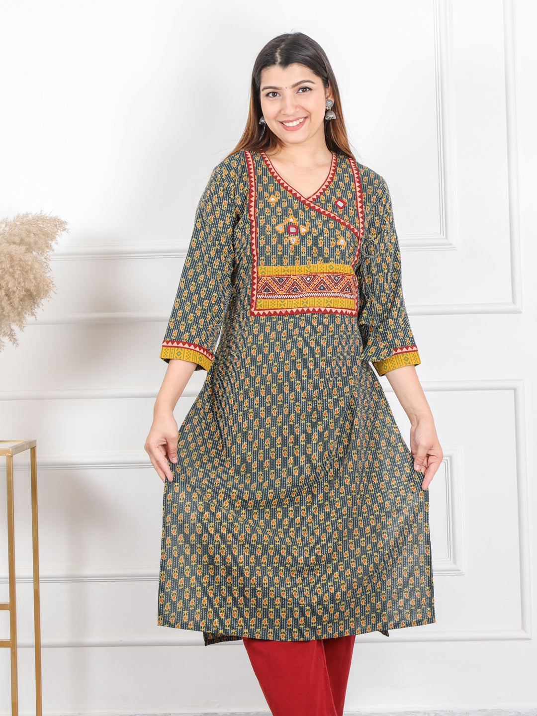 Ghoomer Grass Green Angrakha Style Neck Work Print Cotton Kurti-D6