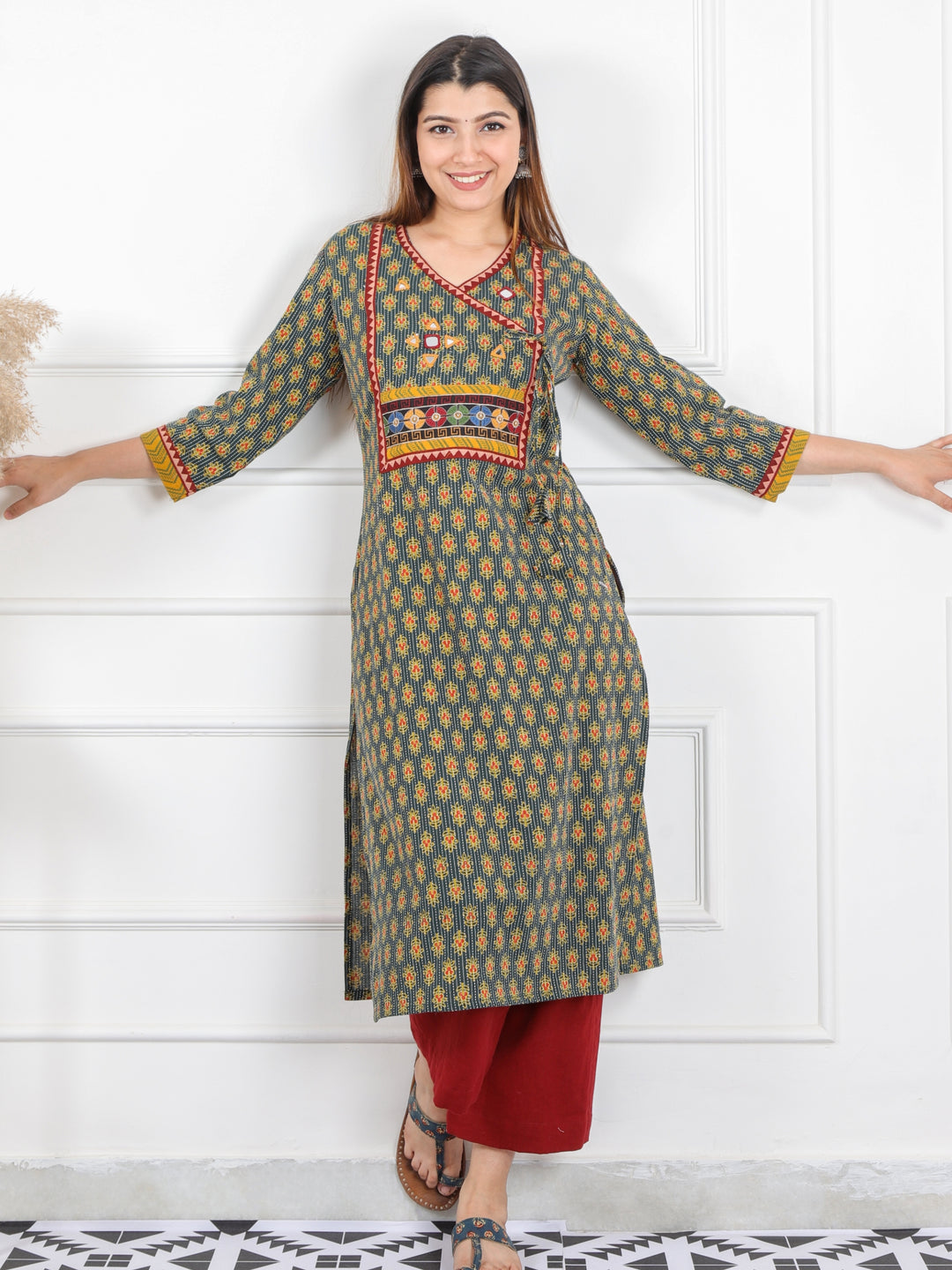 Ghoomer Grass Green Angrakha Style Neck Work Print Cotton Kurti-D5