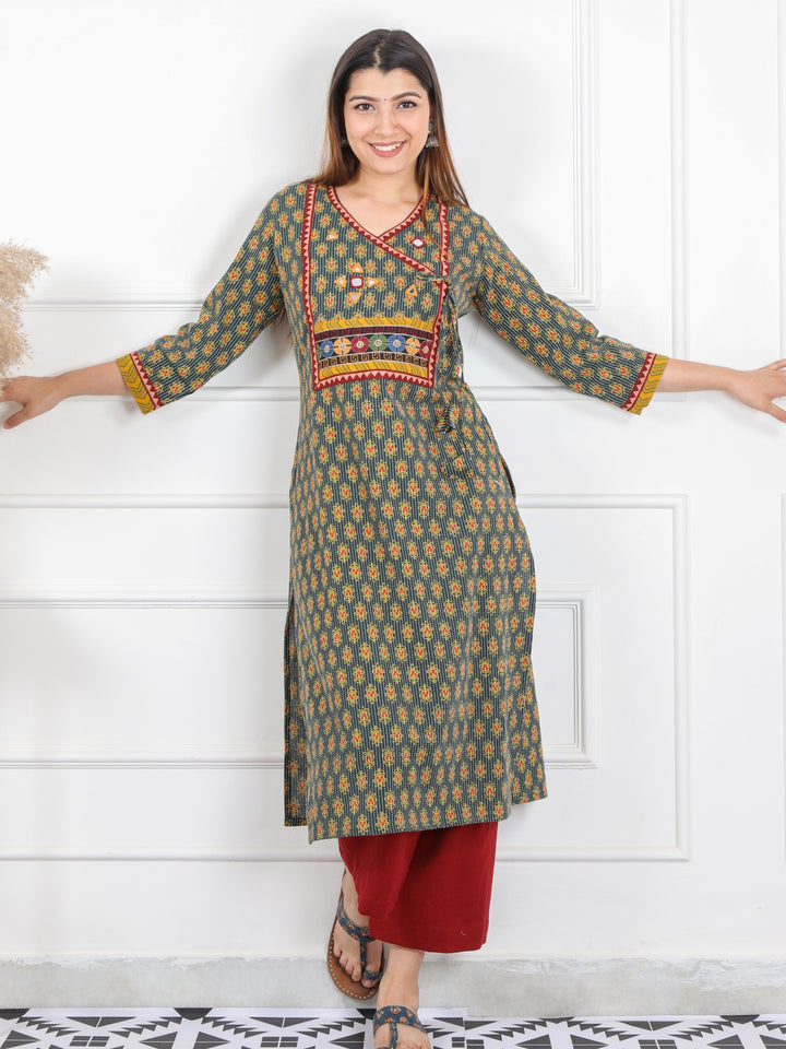 Ghoomer Grass Green Angrakha Style Neck Work Print Cotton Kurti-D5