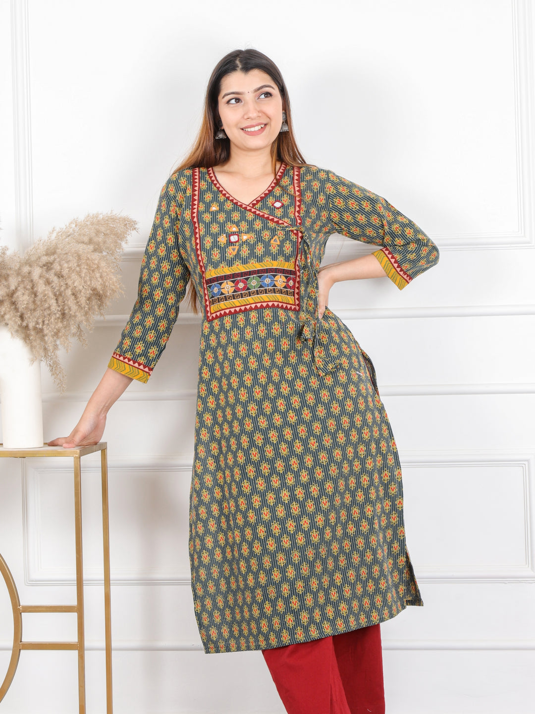 Ghoomer Grass Green Angrakha Style Neck Work Print Cotton Kurti-D5
