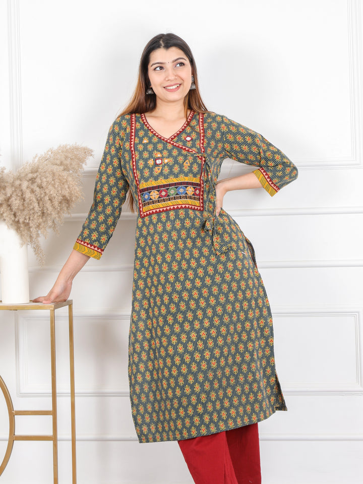 Ghoomer Grass Green Angrakha Style Neck Work Print Cotton Kurti-D5
