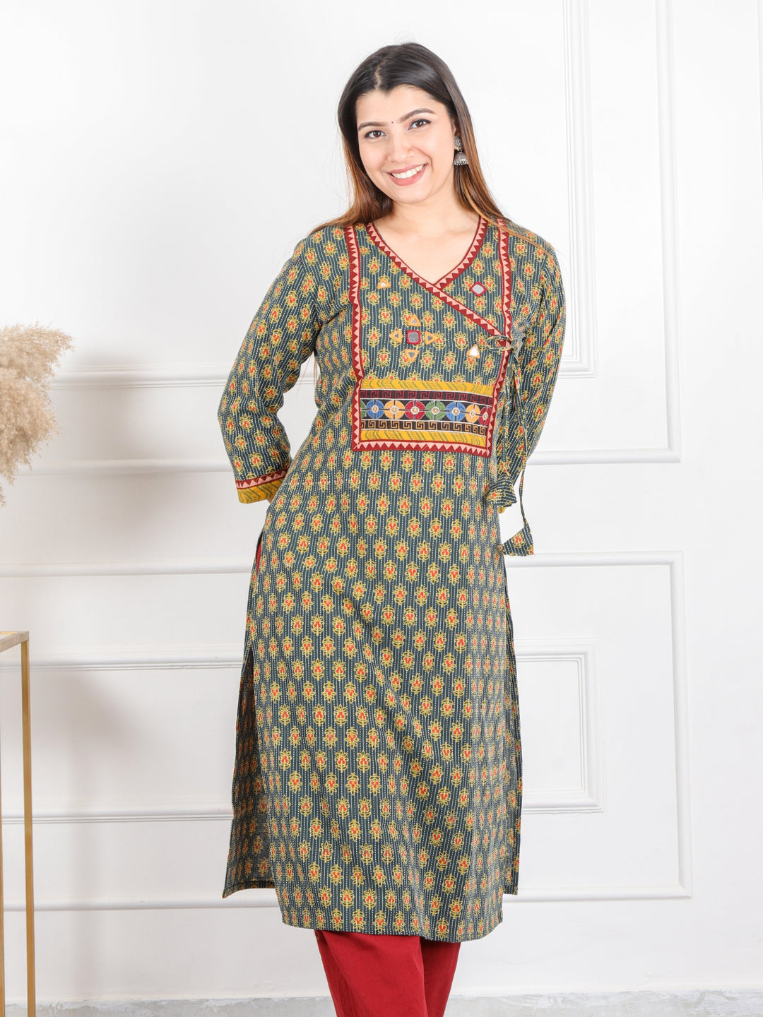 Ghoomer Grass Green Angrakha Style Neck Work Print Cotton Kurti-D5