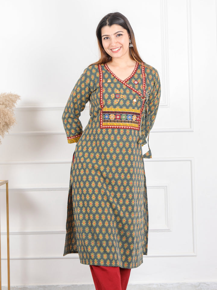 Ghoomer Grass Green Angrakha Style Neck Work Print Cotton Kurti-D5