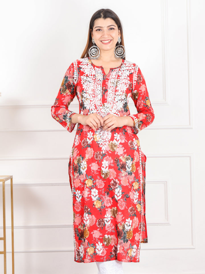 Shalini Cherry Red Floral Printed Chikankari Cotton Kurti