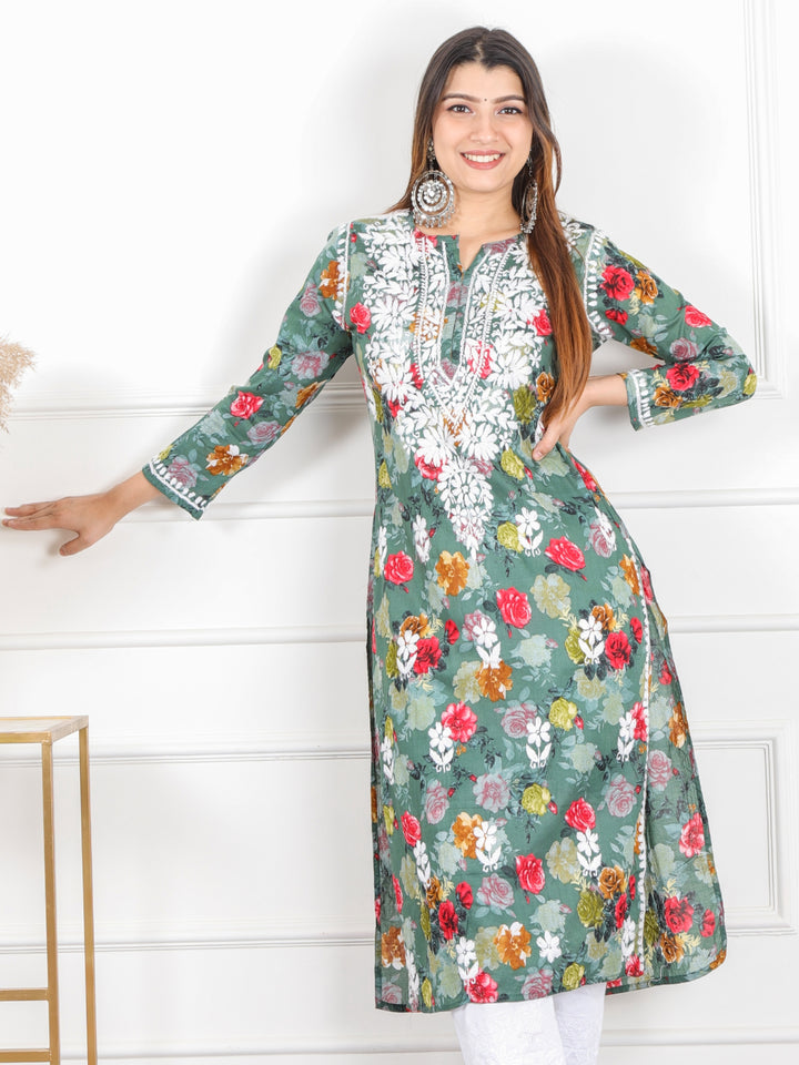 Shalini Forest Green Floral Printed Chikankari Cotton Kurti