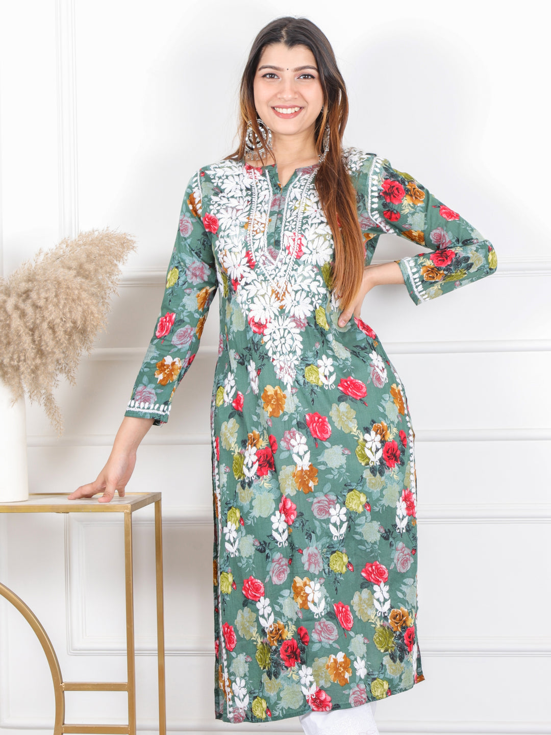Shalini Forest Green Floral Printed Chikankari Cotton Kurti