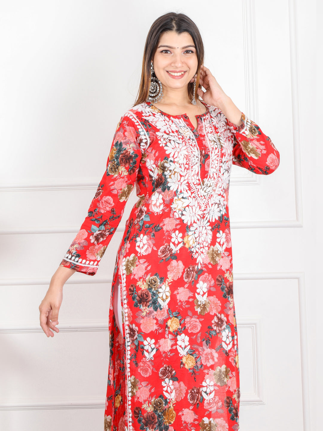 Shalini Cherry Red Floral Printed Chikankari Cotton Kurti