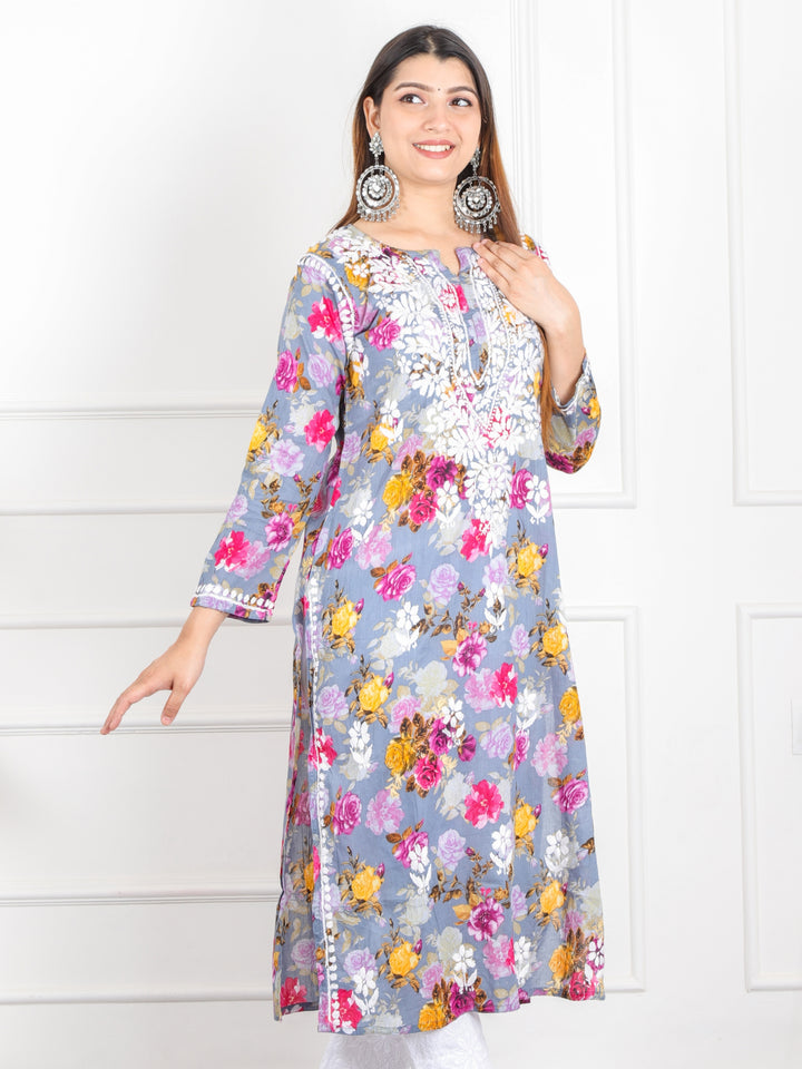Shalini Fossil Grey Floral Printed Chikankari Cotton Kurti