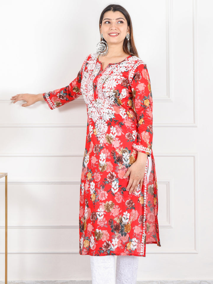 Shalini Cherry Red Floral Printed Chikankari Cotton Kurti