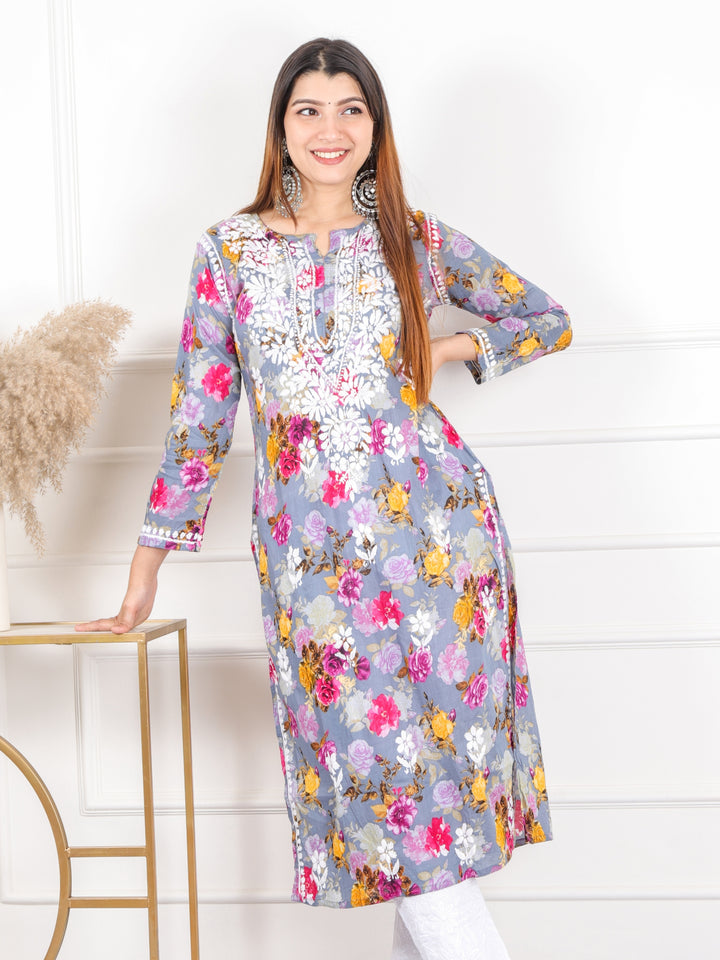 Shalini Fossil Grey Floral Printed Chikankari Cotton Kurti