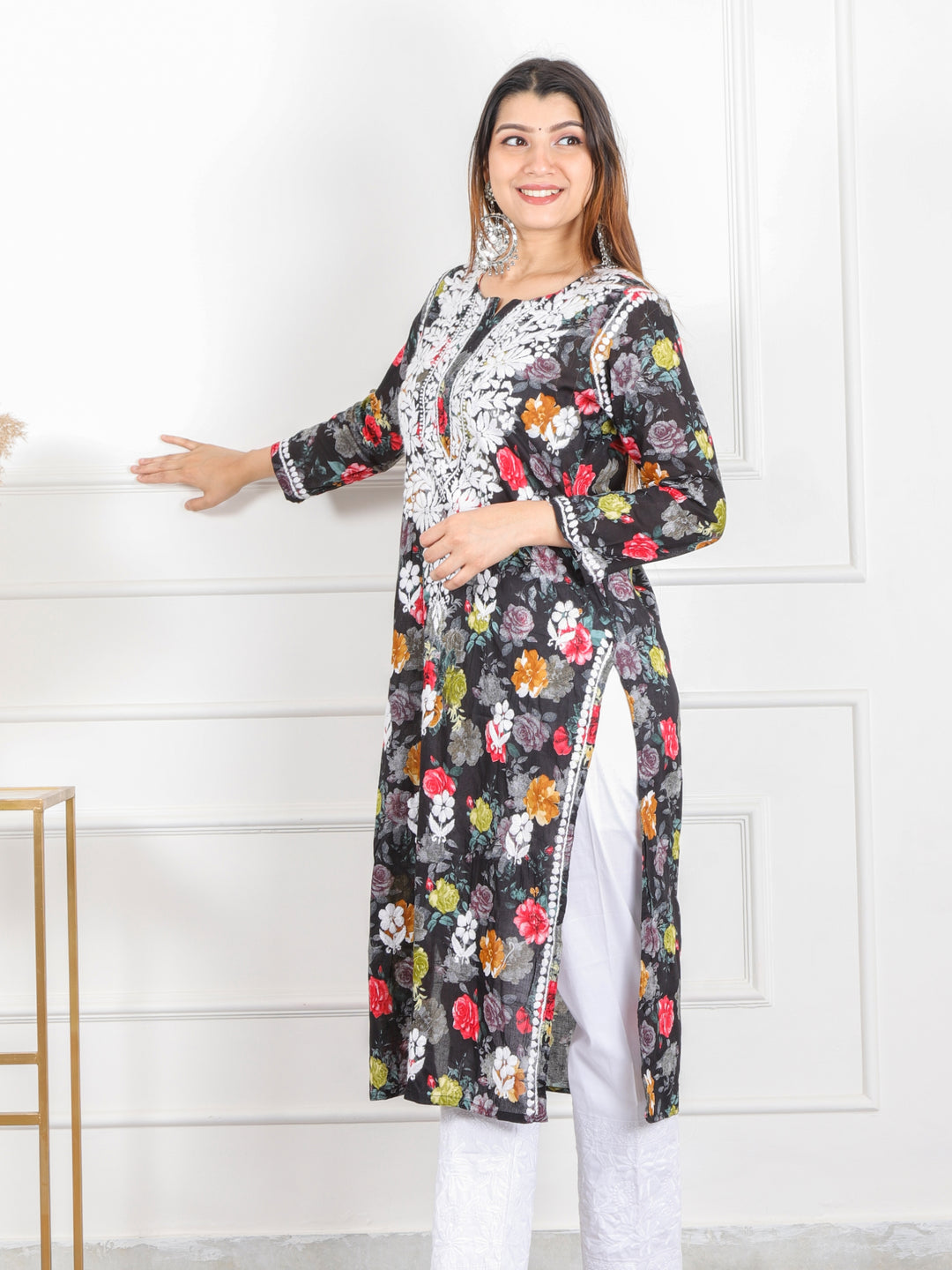 Shalini Ebony Black Floral Printed Chikankari Cotton Kurti