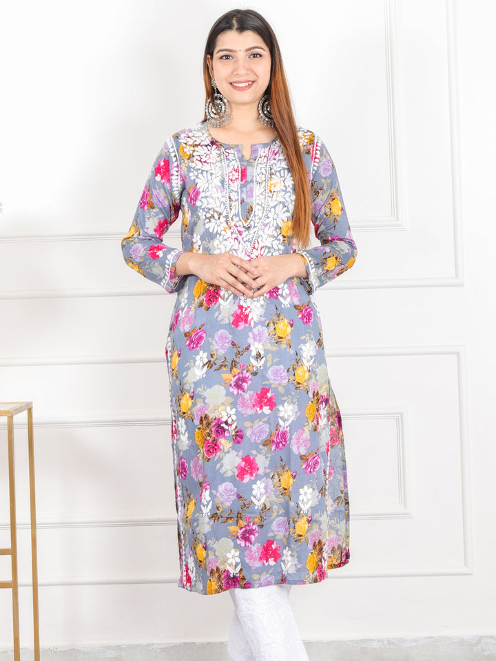 Shalini Fossil Grey Floral Printed Chikankari Cotton Kurti