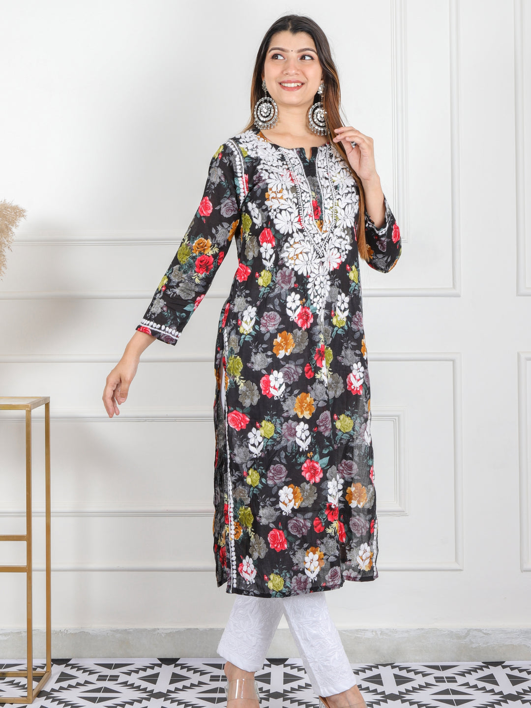 Shalini Ebony Black Floral Printed Chikankari Cotton Kurti