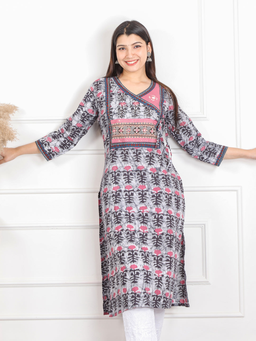 Ghoomar Whitish Grey Kutch Work Ajrak  Printed Angrakha Cotton Kurti-D1