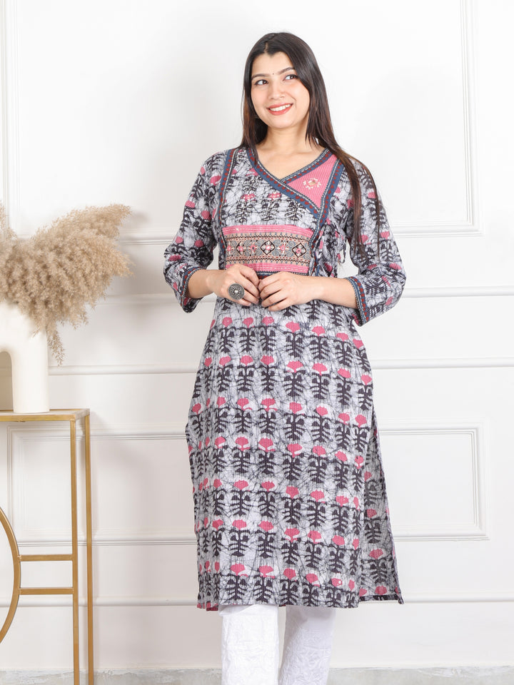 Ghoomar Whitish Grey Kutch Work Ajrak  Printed Angrakha Cotton Kurti-D1