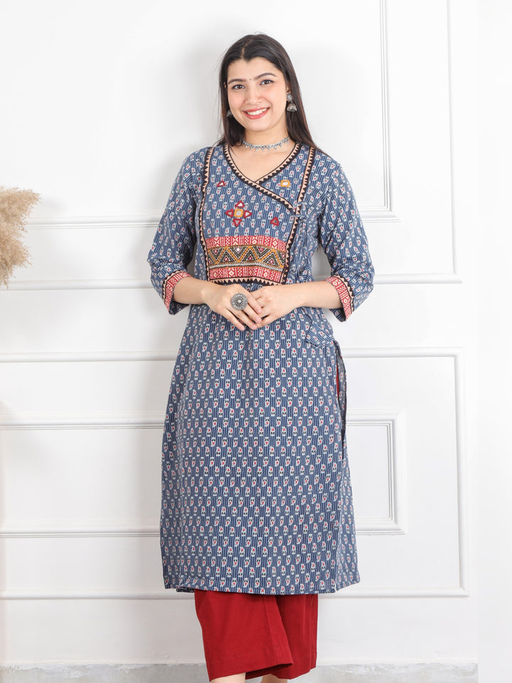 Ghoomer Denim Blue Angrakha Style Neck Work Print Cotton Kurti-D6