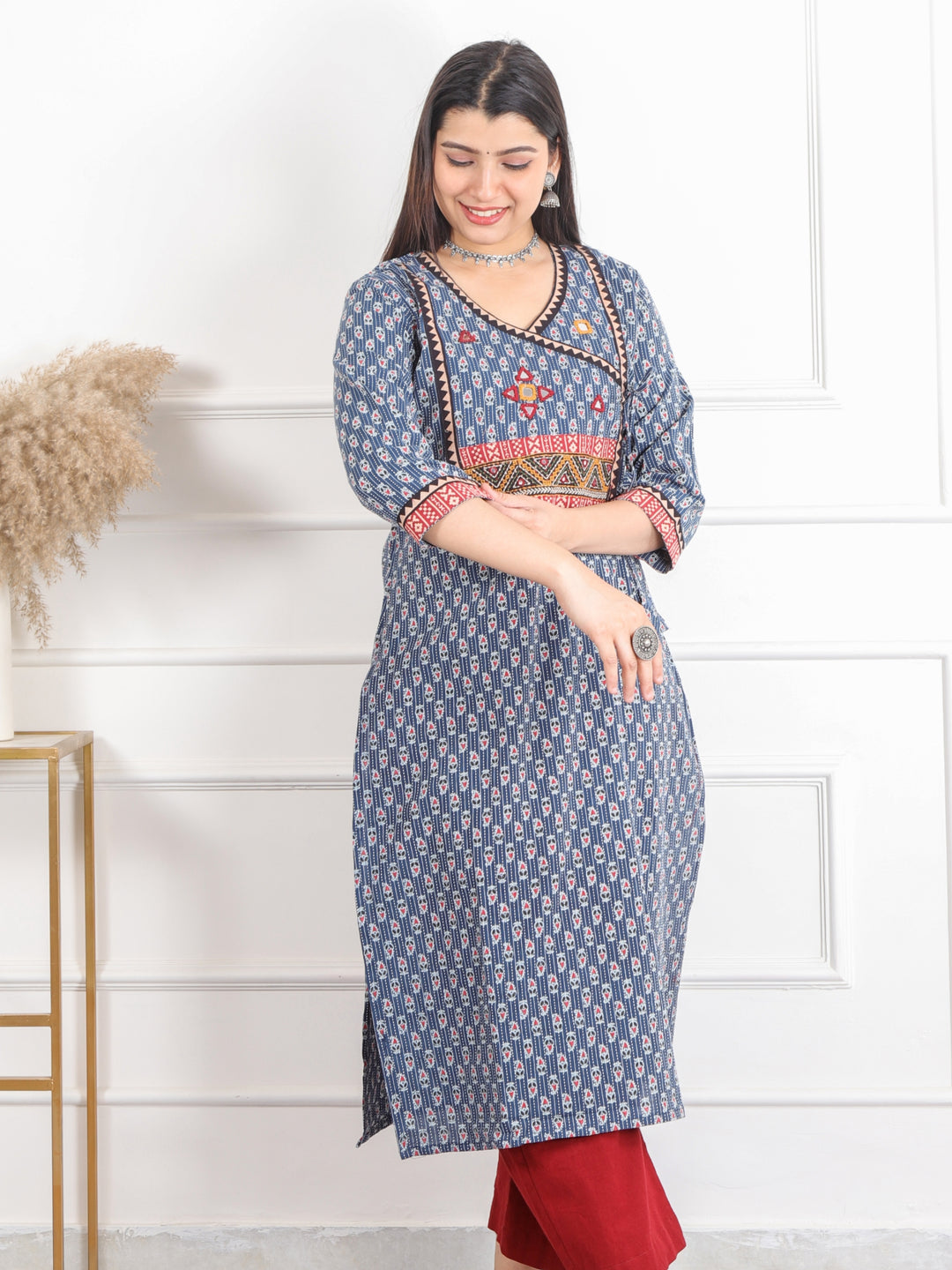 Ghoomer Denim Blue Angrakha Style Neck Work Print Cotton Kurti-D6