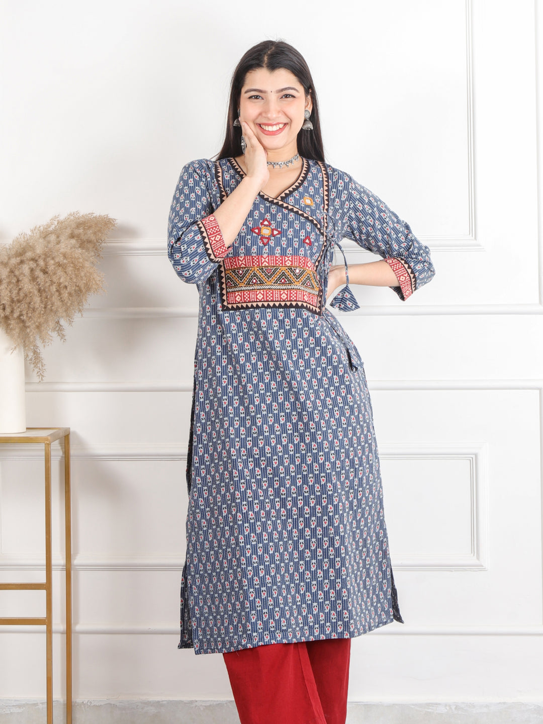 Ghoomer Denim Blue Angrakha Style Neck Work Print Cotton Kurti-D6
