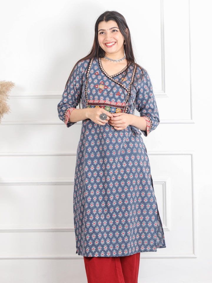 Ghoomer Denim Blue Angrakha Style Neck Work Print Cotton Kurti-D5