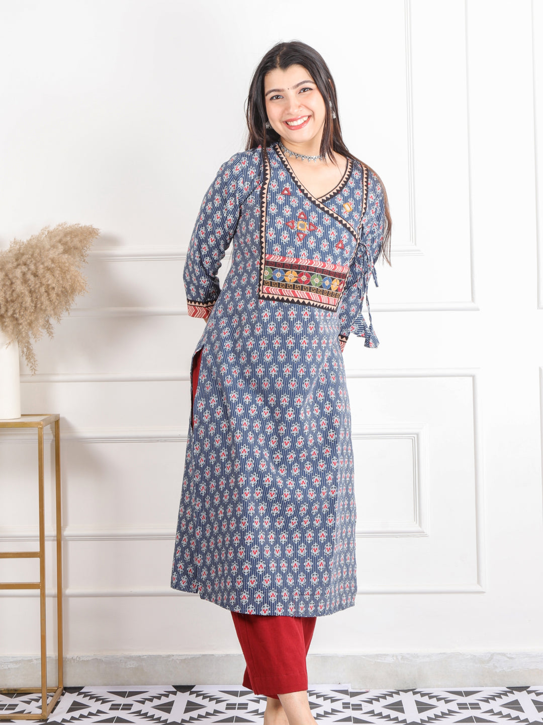 Ghoomer Denim Blue Angrakha Style Neck Work Print Cotton Kurti-D5