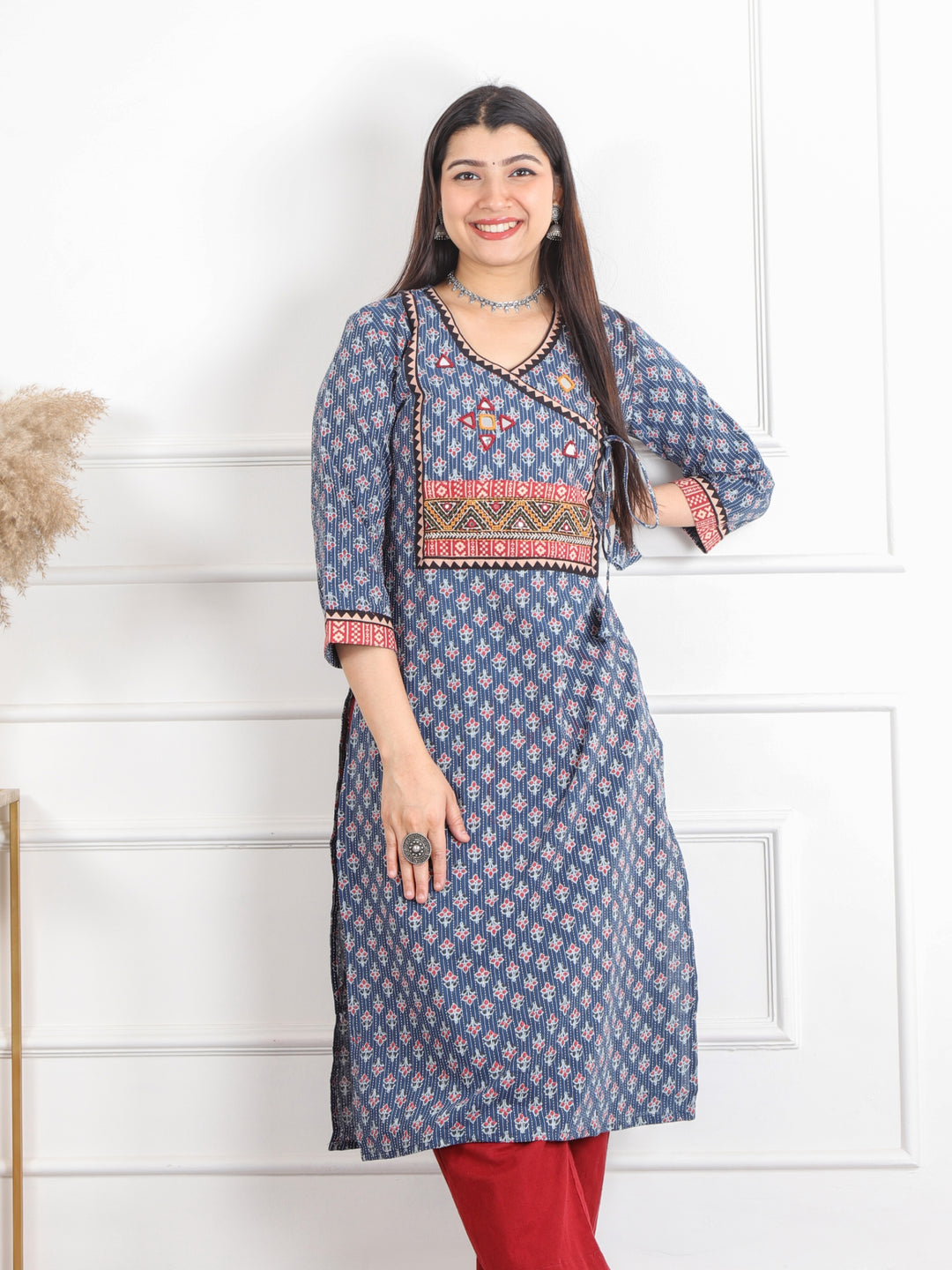 Ghoomer Denim Blue Angrakha Style Neck Work Print Cotton Kurti-D8