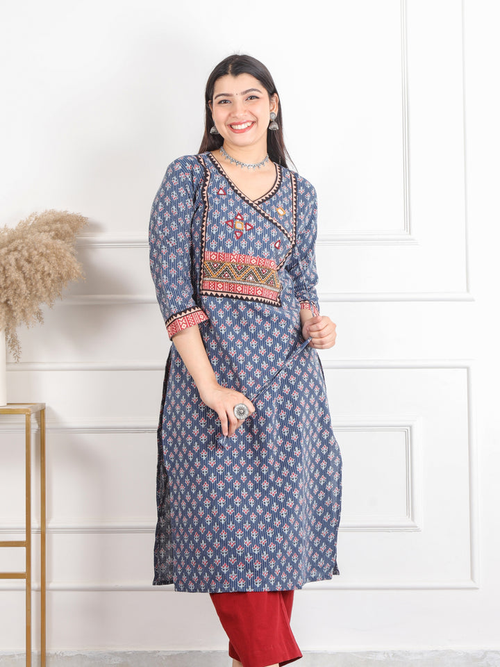 Ghoomer Denim Blue Angrakha Style Neck Work Print Cotton Kurti-D8