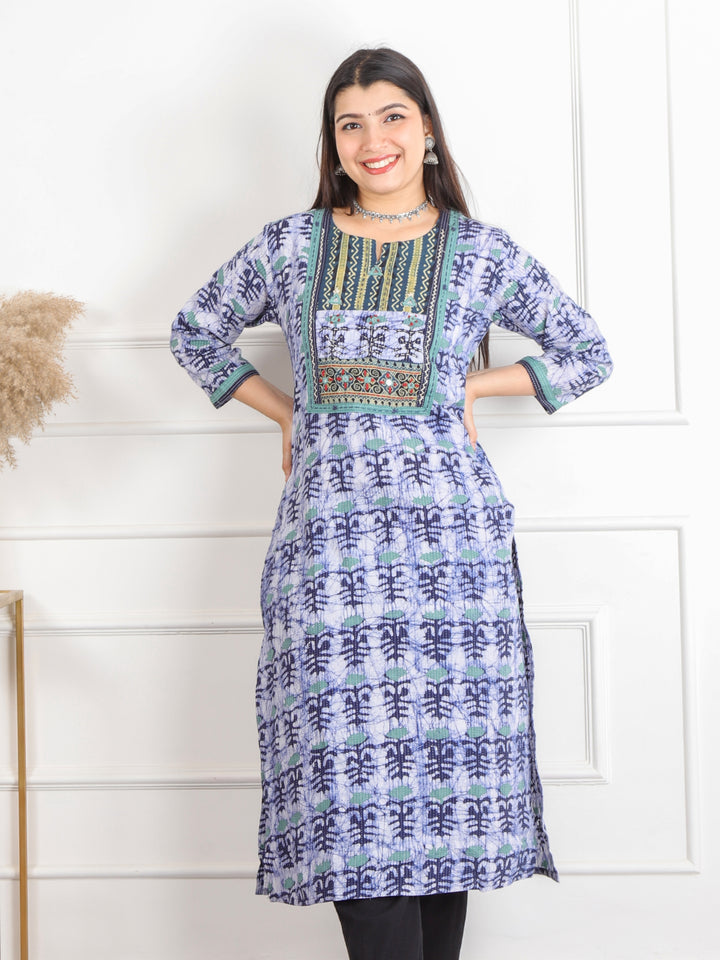 Ghoomar Bluish White Kutch Work Ajrak Printed Cotton Kurti-D1