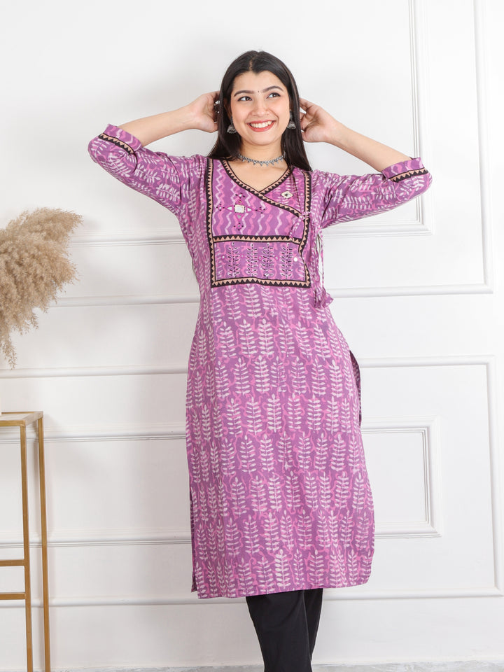 Ghoomar Orchid Purple Kutch Mirror Neck Work Dabu Cotton Kurti-D1