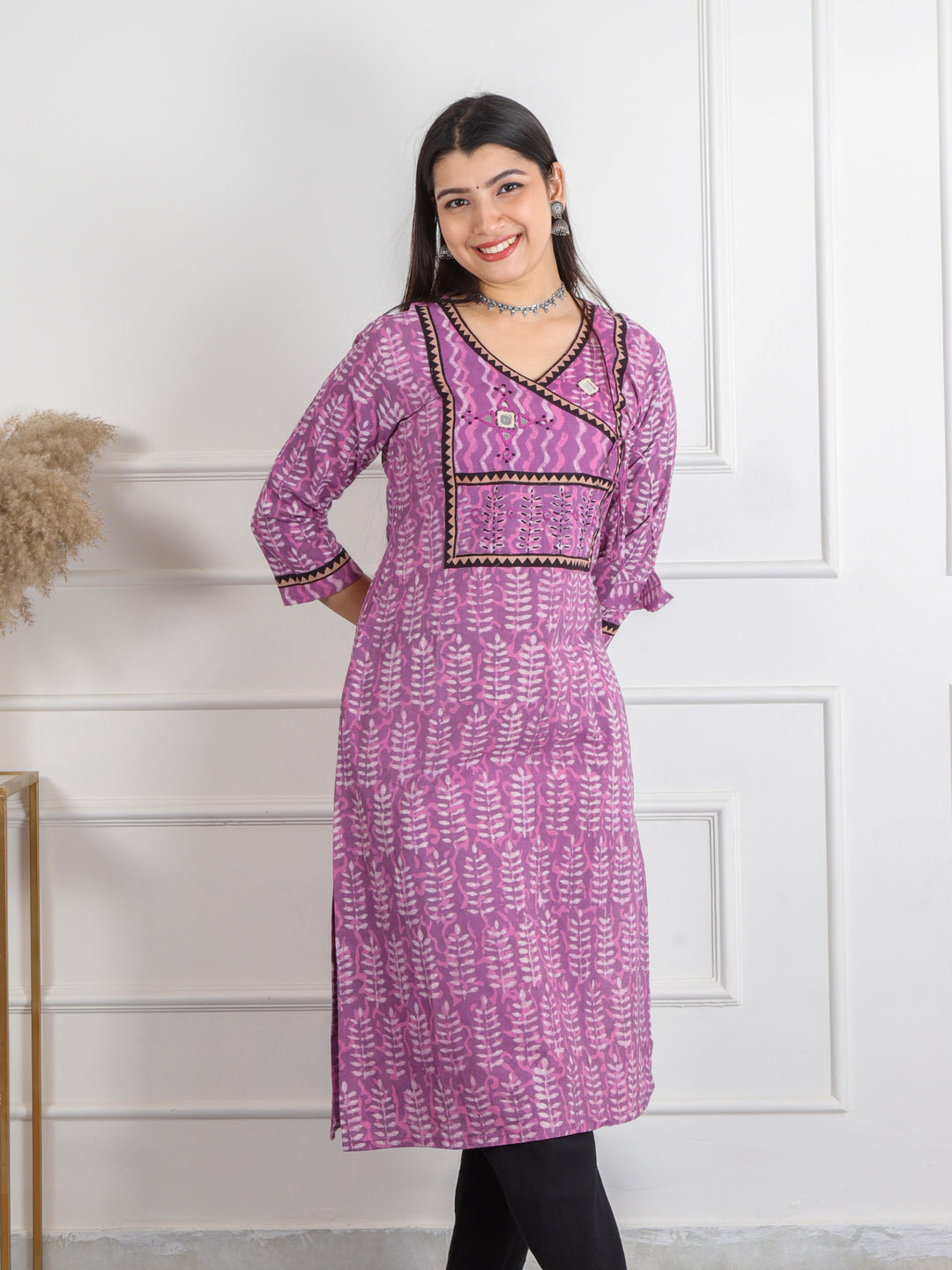 Ghoomar Orchid Purple Kutch Mirror Neck Work Dabu Cotton Kurti-D1