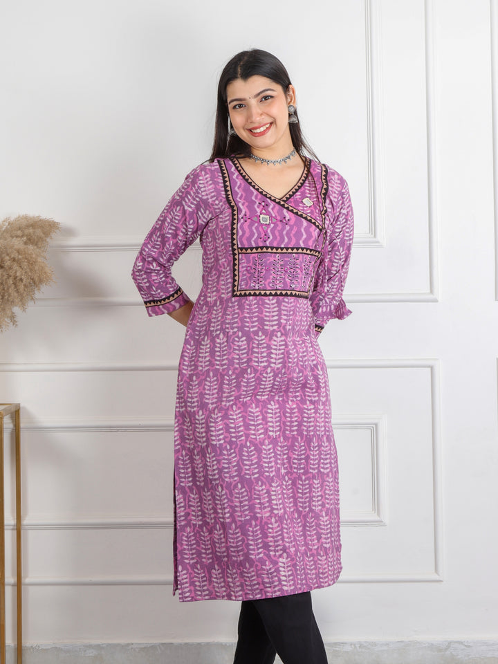 Ghoomar Orchid Purple Kutch Mirror Neck Work Dabu Cotton Kurti-D1
