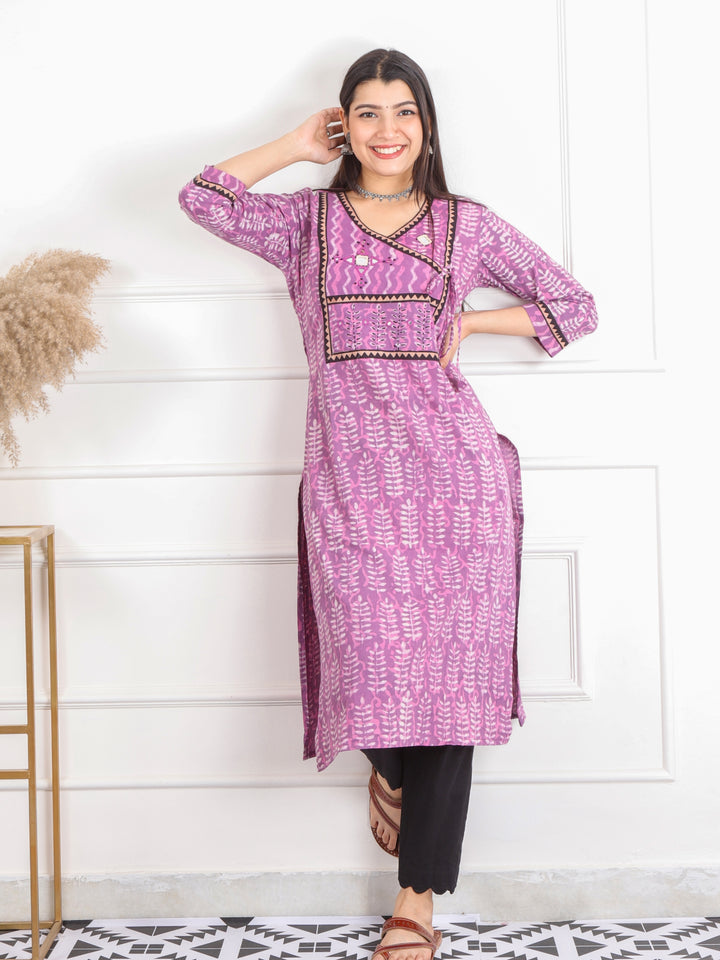 Ghoomar Orchid Purple Kutch Mirror Neck Work Dabu Cotton Kurti-D1