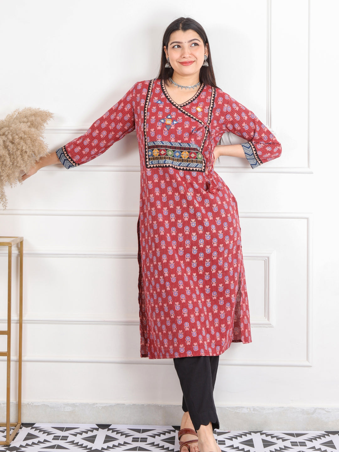 Ghoomer Apple Red Angrakha Style Neck Work Print Cotton Kurti-D7