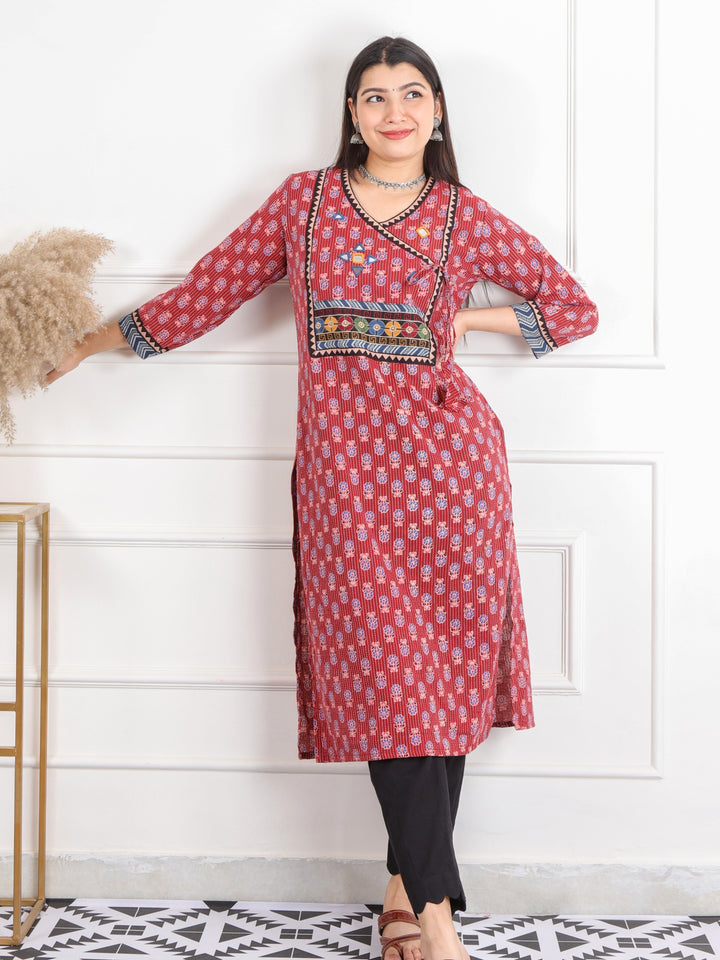 Ghoomer Apple Red Angrakha Style Neck Work Print Cotton Kurti-D7