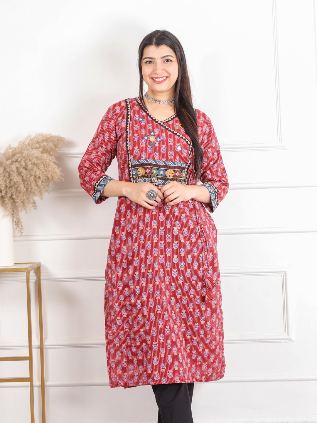 Ghoomer Apple Red Angrakha Style Neck Work Print Cotton Kurti-D7