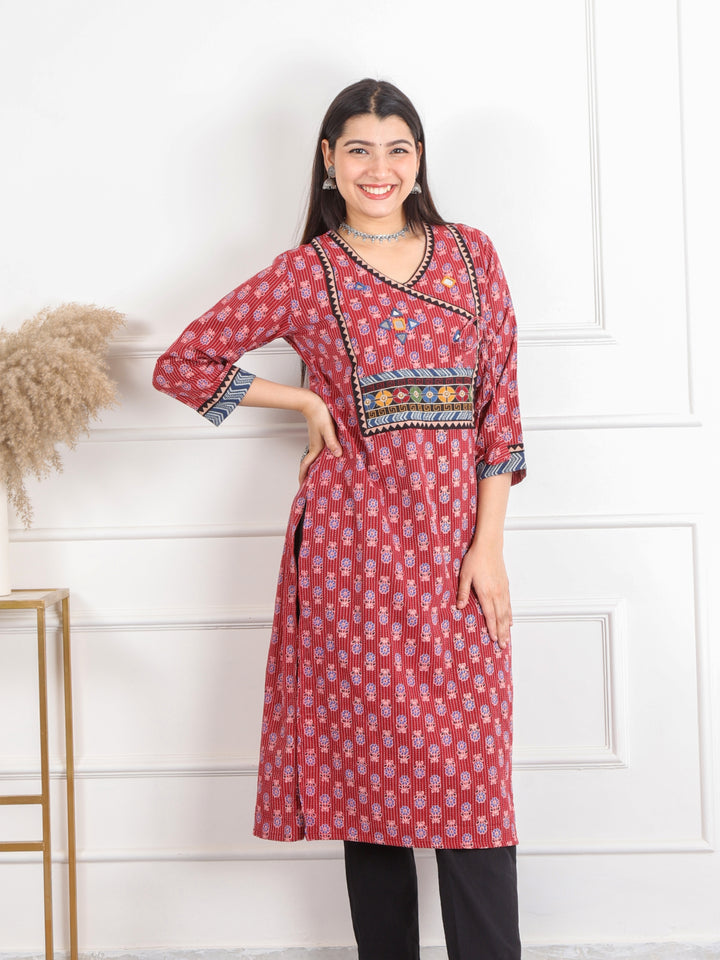 Ghoomer Apple Red Angrakha Style Neck Work Print Cotton Kurti-D7